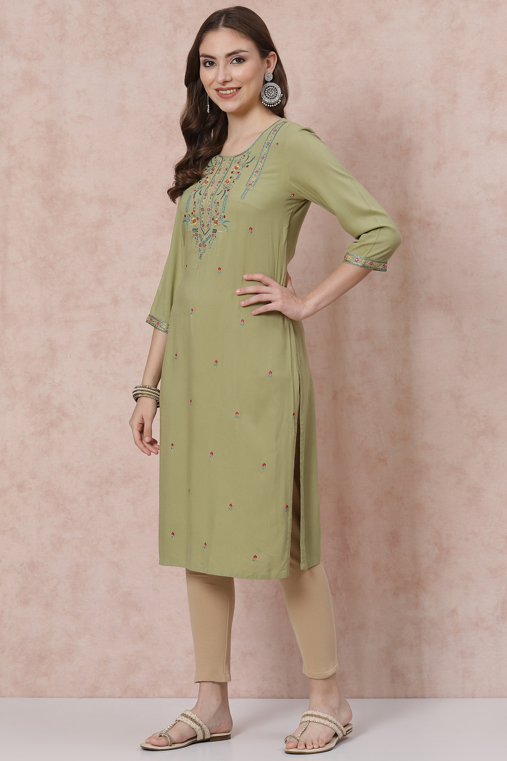 Olive Green LIVA Straight Kurta image number 0